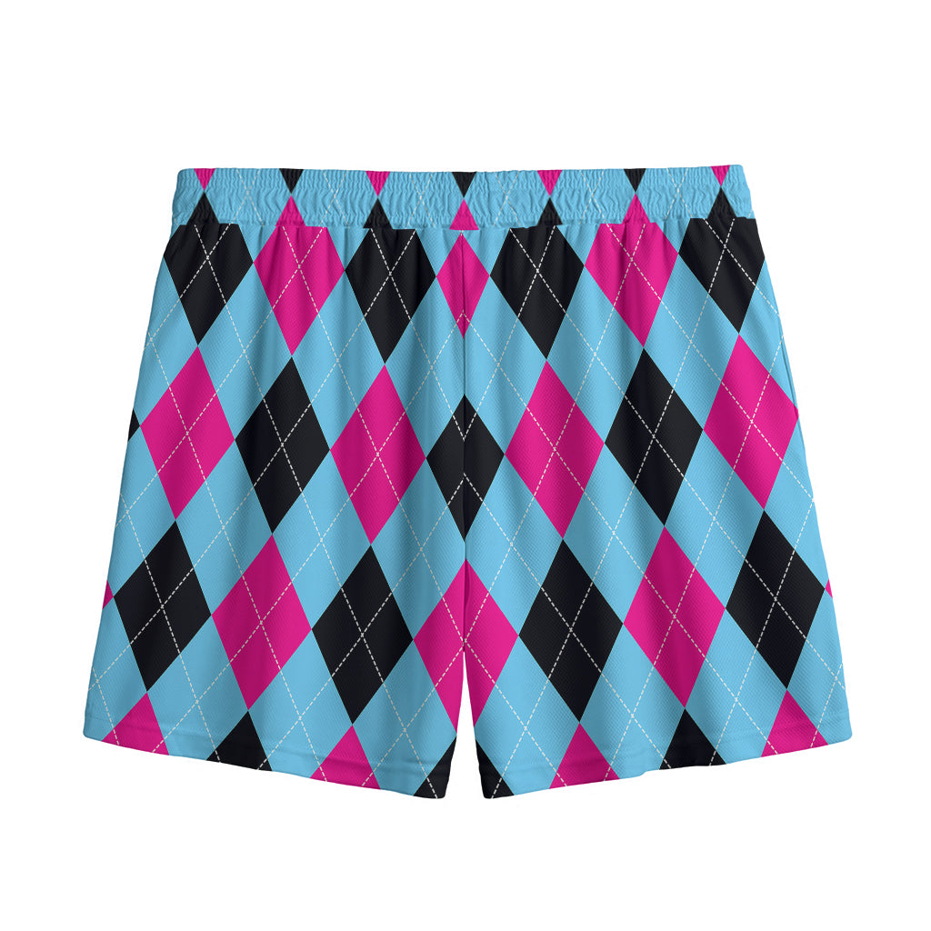 Blue Pink And Black Argyle Pattern Print Mesh Shorts