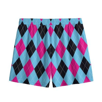 Blue Pink And Black Argyle Pattern Print Mesh Shorts