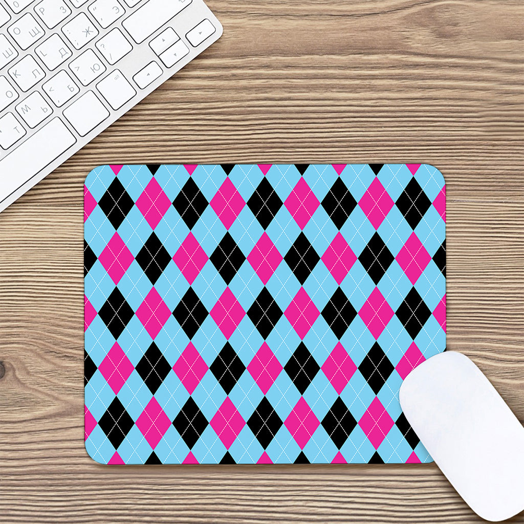 Blue Pink And Black Argyle Pattern Print Mouse Pad