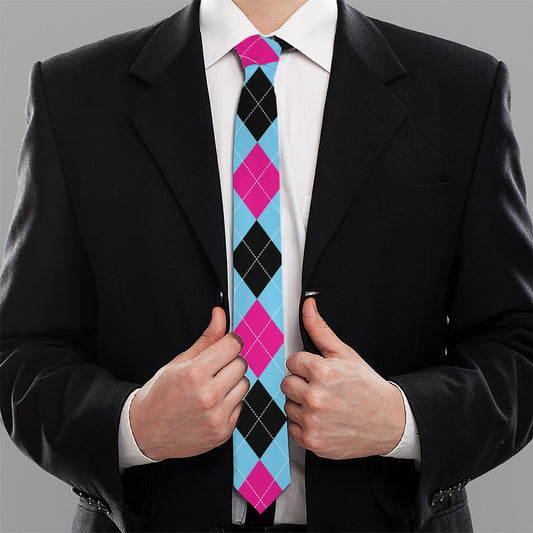 Blue Pink And Black Argyle Pattern Print Necktie
