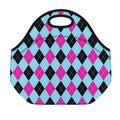 Blue Pink And Black Argyle Pattern Print Neoprene Lunch Bag