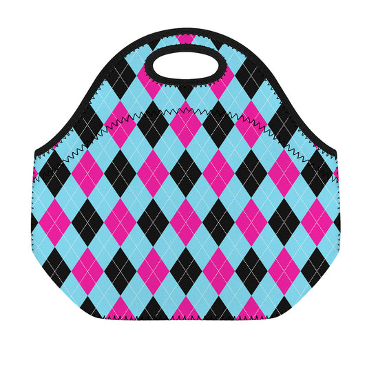 Blue Pink And Black Argyle Pattern Print Neoprene Lunch Bag