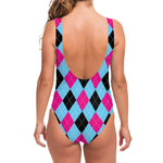 Blue Pink And Black Argyle Pattern Print One Piece Swimsuit