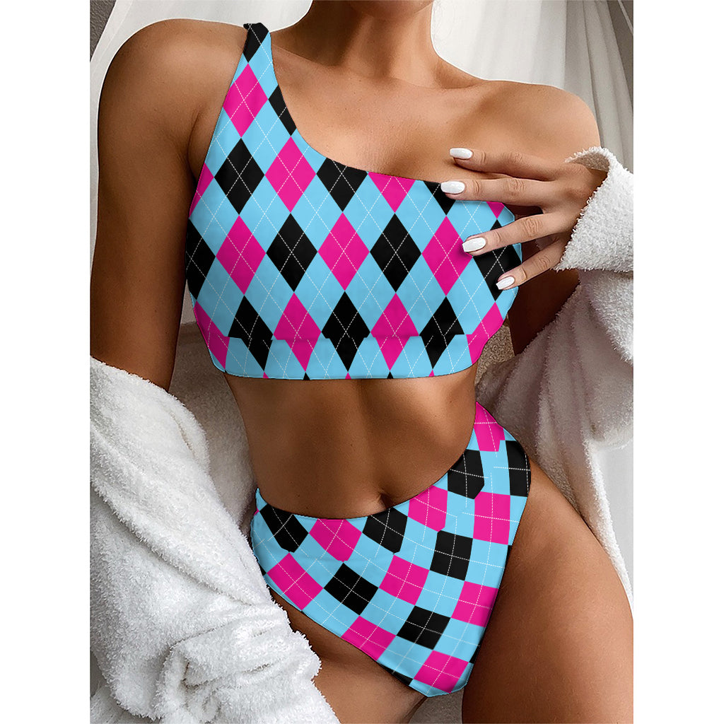 Blue Pink And Black Argyle Pattern Print One Shoulder Bikini Top