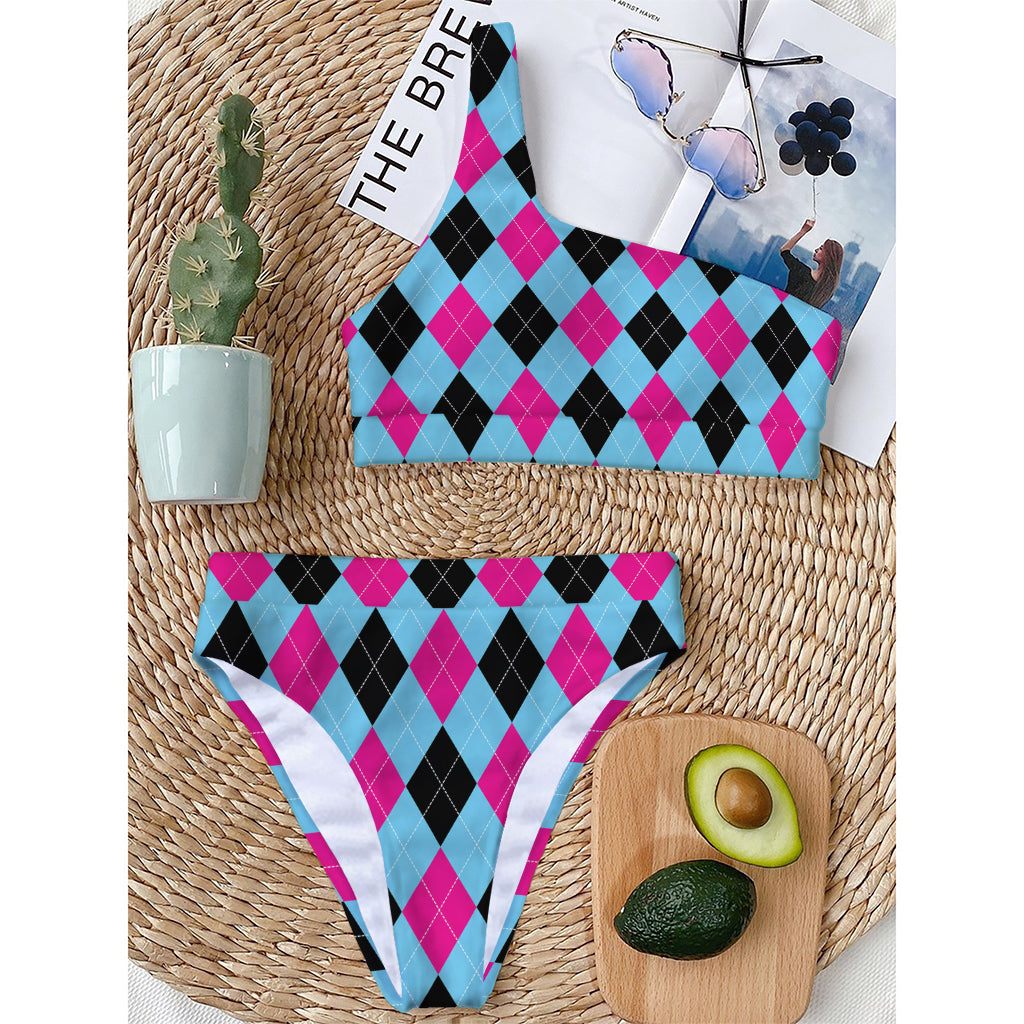 Blue Pink And Black Argyle Pattern Print One Shoulder Bikini Top