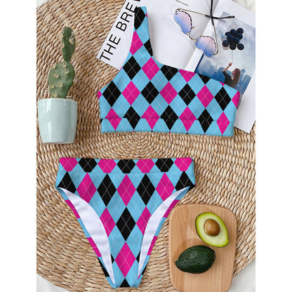 Blue Pink And Black Argyle Pattern Print One Shoulder Bikini Top