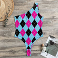 Blue Pink And Black Argyle Pattern Print One Shoulder Bodysuit