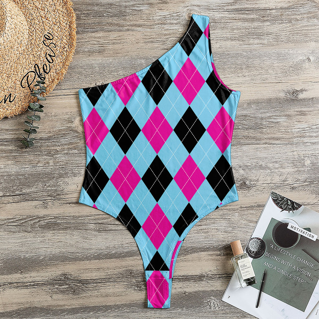 Blue Pink And Black Argyle Pattern Print One Shoulder Bodysuit