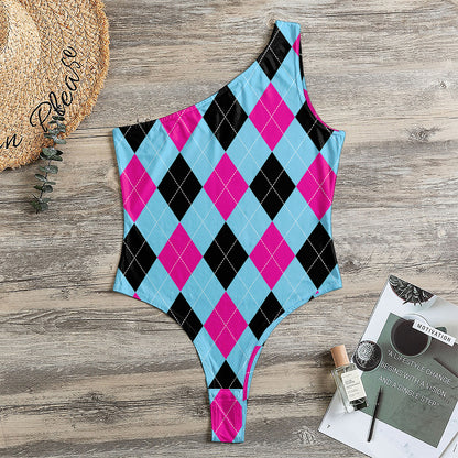 Blue Pink And Black Argyle Pattern Print One Shoulder Bodysuit