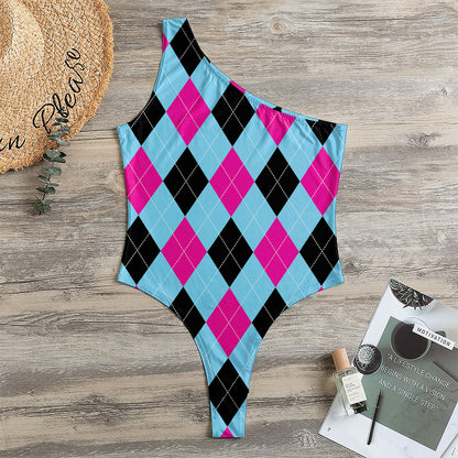Blue Pink And Black Argyle Pattern Print One Shoulder Bodysuit