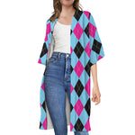 Blue Pink And Black Argyle Pattern Print Open Front Beach Cover Up