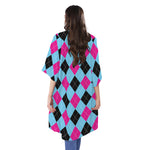 Blue Pink And Black Argyle Pattern Print Open Front Beach Cover Up