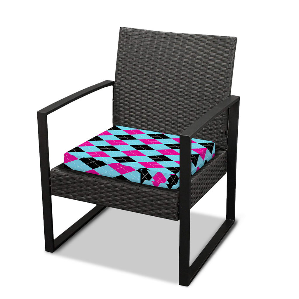 Blue Pink And Black Argyle Pattern Print Outdoor Seat Cushion Cover