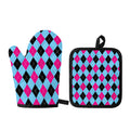 Blue Pink And Black Argyle Pattern Print Oven Mitt And Pot Holder Set