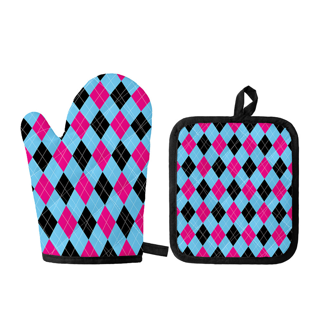 Blue Pink And Black Argyle Pattern Print Oven Mitt And Pot Holder Set