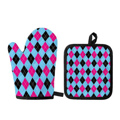 Blue Pink And Black Argyle Pattern Print Oven Mitt And Pot Holder Set