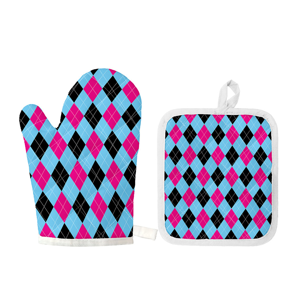 Blue Pink And Black Argyle Pattern Print Oven Mitt And Pot Holder Set