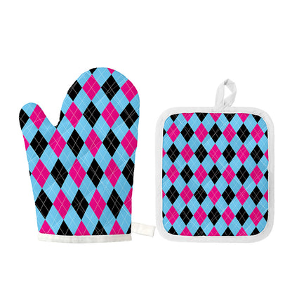 Blue Pink And Black Argyle Pattern Print Oven Mitt And Pot Holder Set