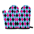 Blue Pink And Black Argyle Pattern Print Oven Mitts