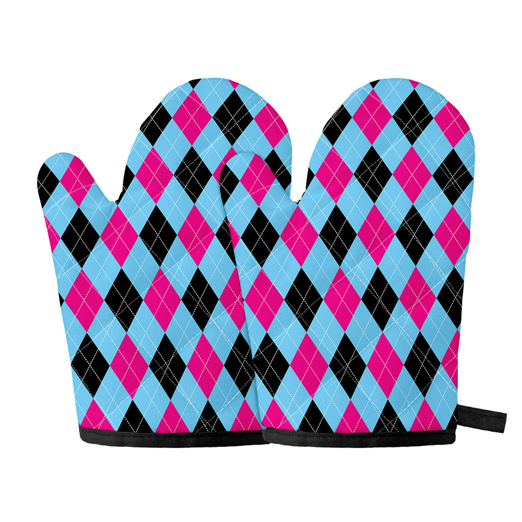Blue Pink And Black Argyle Pattern Print Oven Mitts