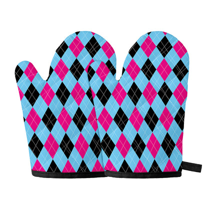 Blue Pink And Black Argyle Pattern Print Oven Mitts