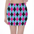 Blue Pink And Black Argyle Pattern Print Pencil Mini Skirt