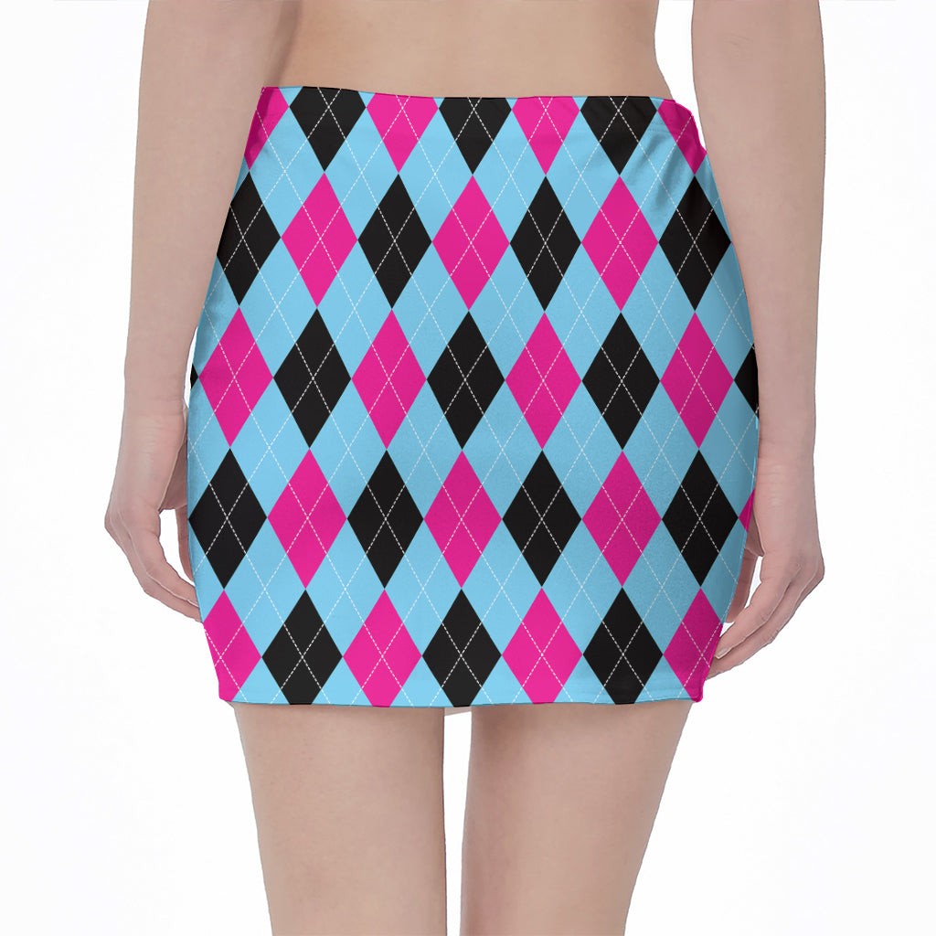 Blue Pink And Black Argyle Pattern Print Pencil Mini Skirt