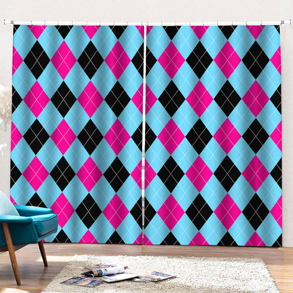 Blue Pink And Black Argyle Pattern Print Pencil Pleat Curtains