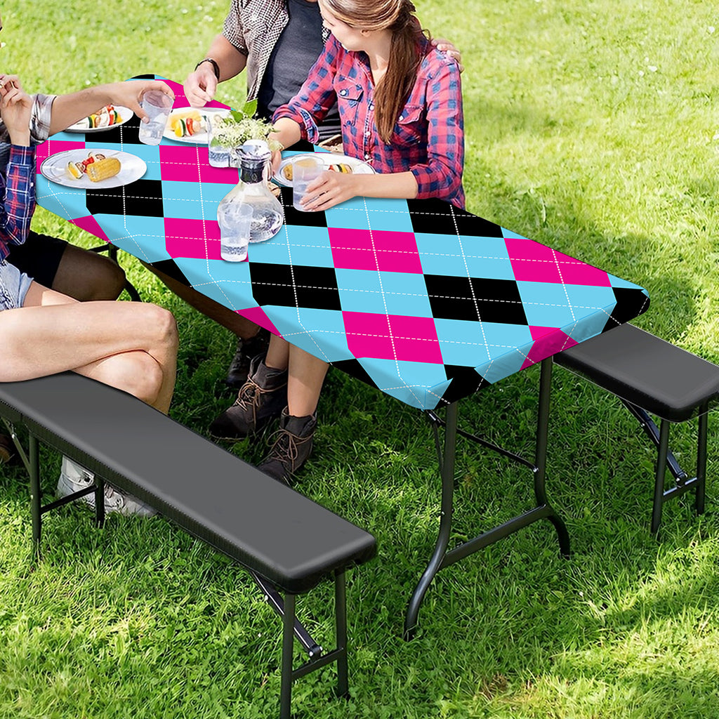 Blue Pink And Black Argyle Pattern Print Picnic Table Cover
