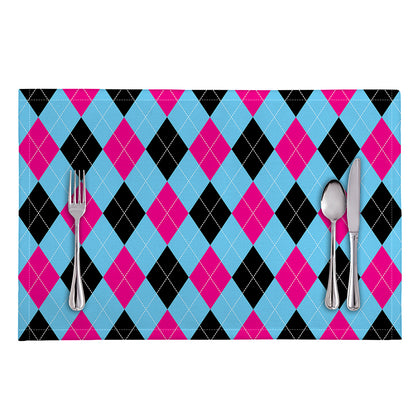 Blue Pink And Black Argyle Pattern Print Placemat