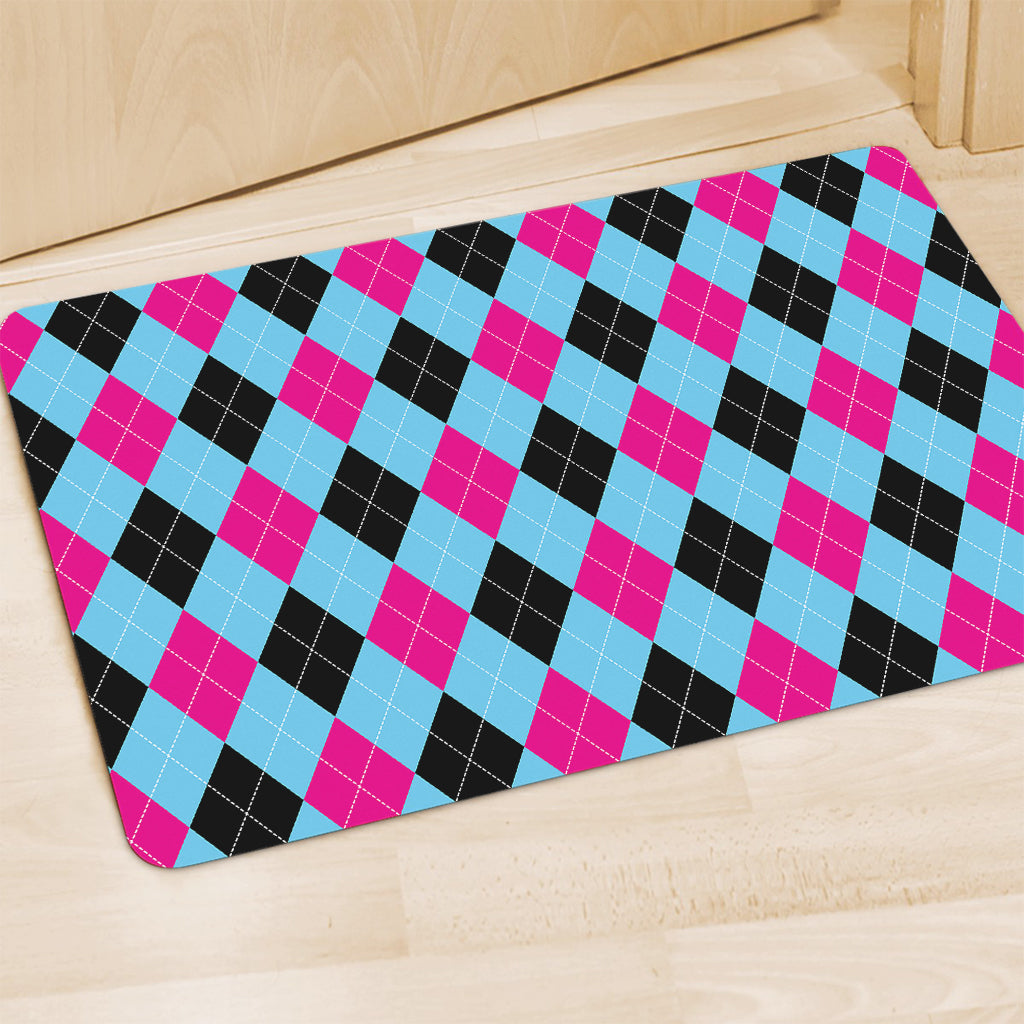 Blue Pink And Black Argyle Pattern Print Polyester Doormat