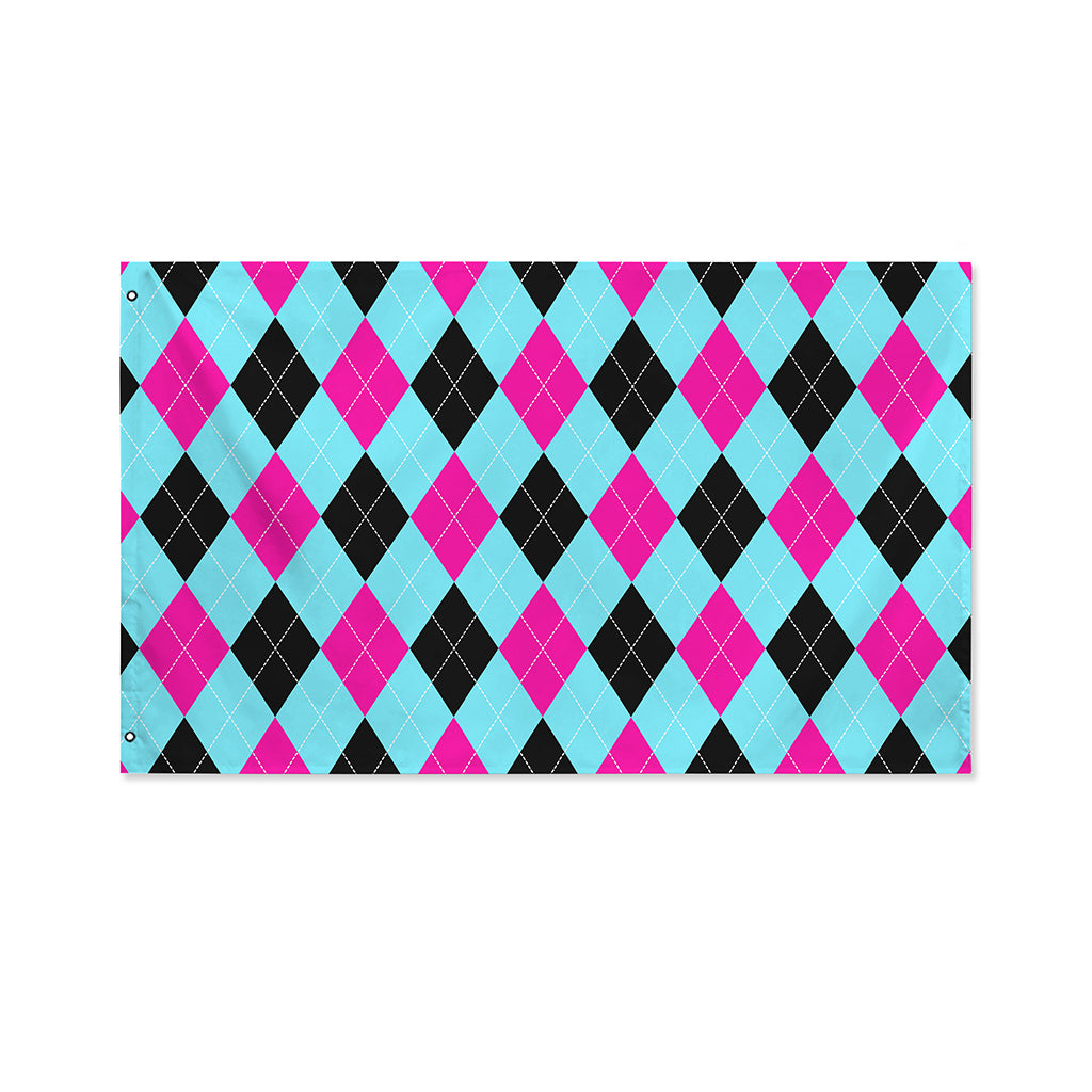 Blue Pink And Black Argyle Pattern Print Polyester Flag