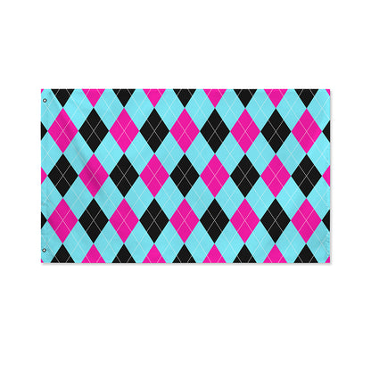 Blue Pink And Black Argyle Pattern Print Polyester Flag