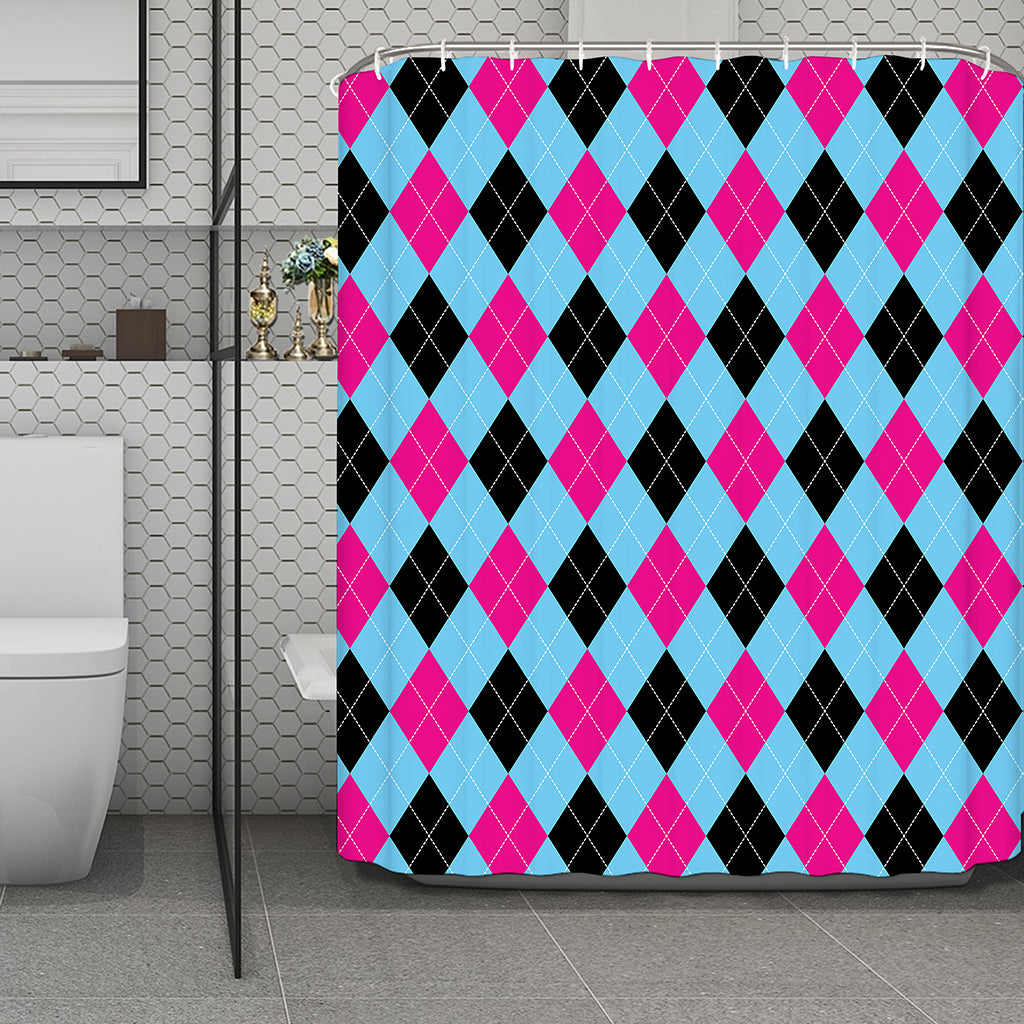Blue Pink And Black Argyle Pattern Print Polyester Shower Curtain