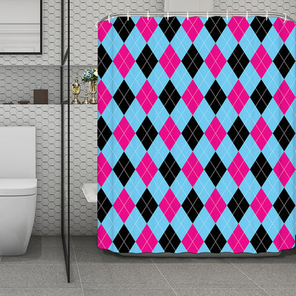 Blue Pink And Black Argyle Pattern Print Polyester Shower Curtain