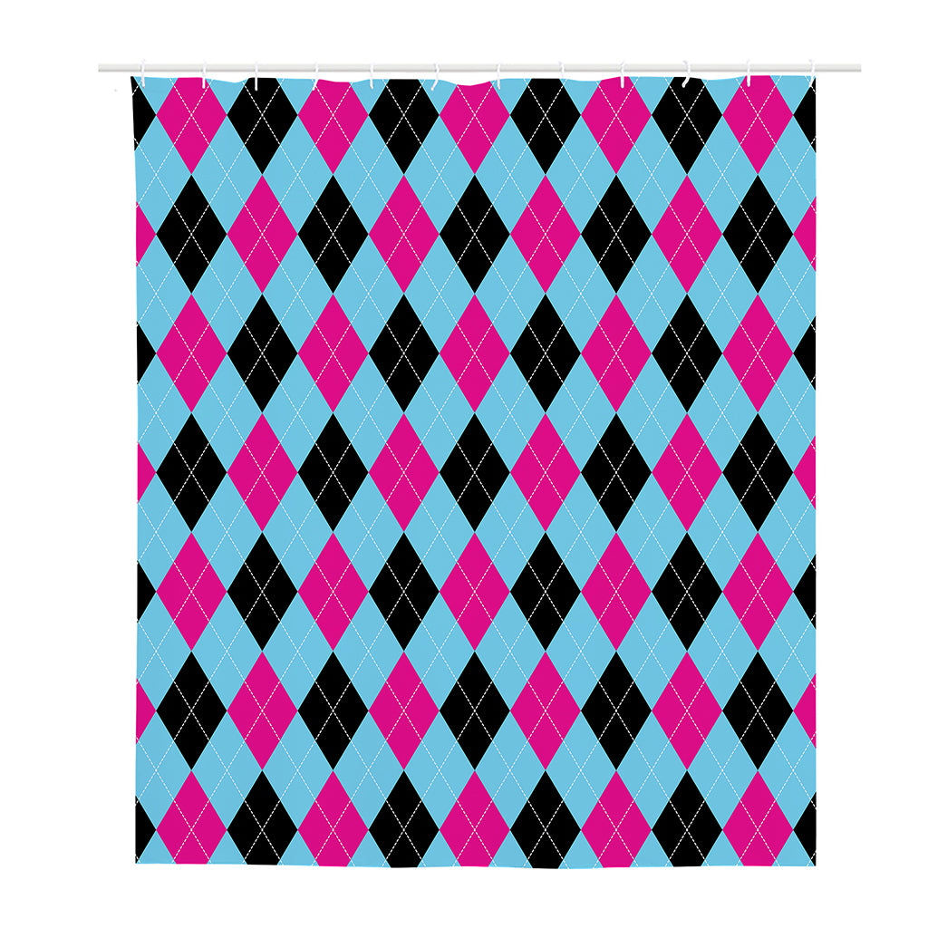 Blue Pink And Black Argyle Pattern Print Polyester Shower Curtain