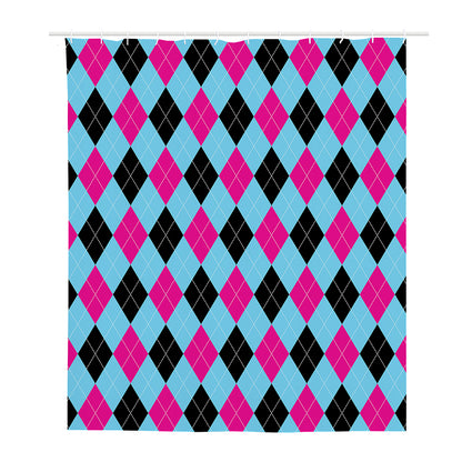 Blue Pink And Black Argyle Pattern Print Polyester Shower Curtain
