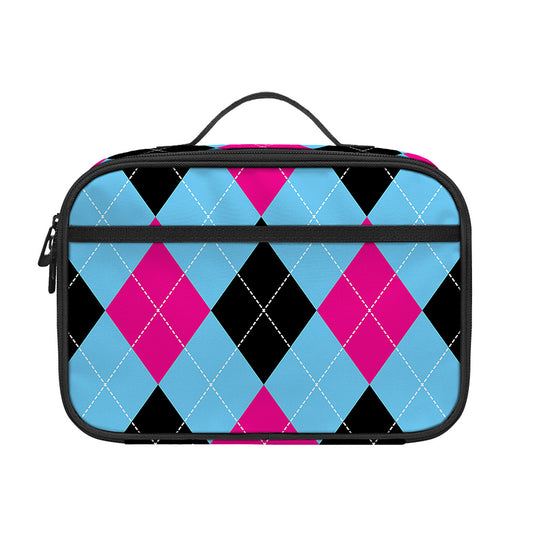Blue Pink And Black Argyle Pattern Print Portable Lunch Bag