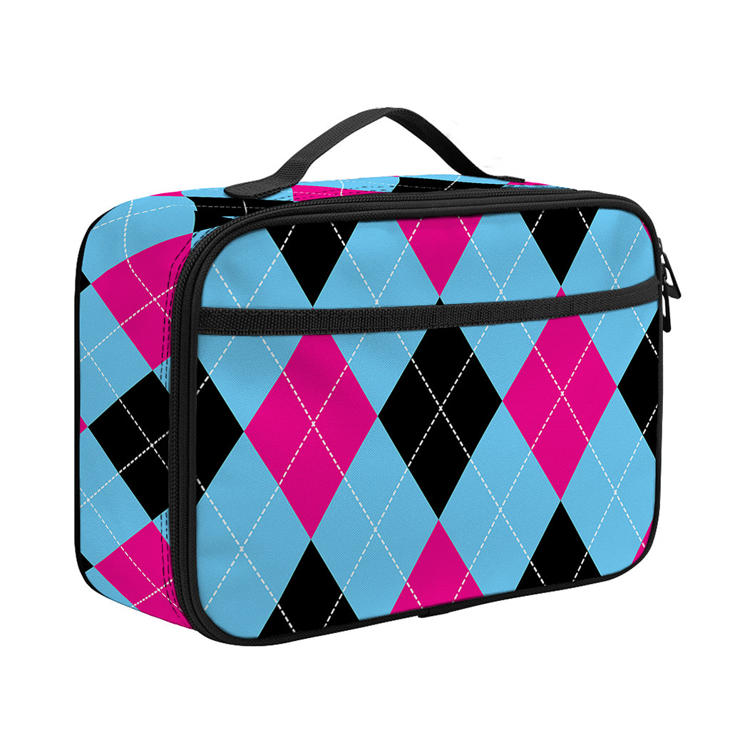 Blue Pink And Black Argyle Pattern Print Portable Lunch Bag