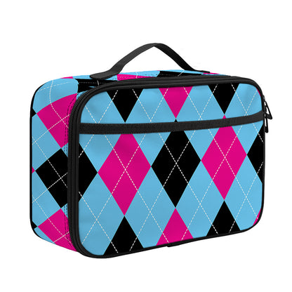 Blue Pink And Black Argyle Pattern Print Portable Lunch Bag