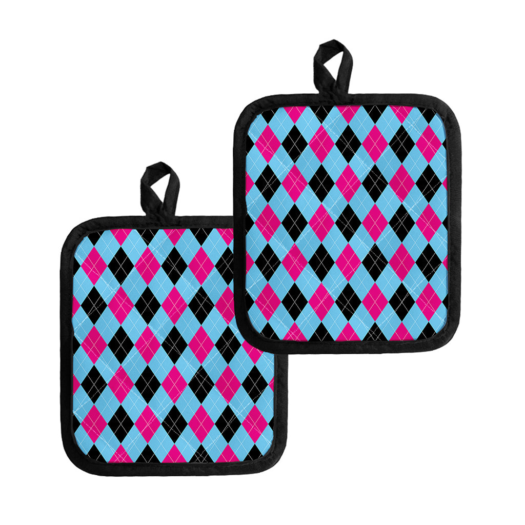 Blue Pink And Black Argyle Pattern Print Pot Holders