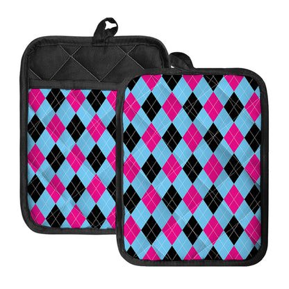 Blue Pink And Black Argyle Pattern Print Pot Holders With Pocket