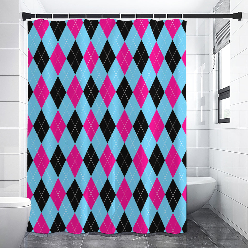 Blue Pink And Black Argyle Pattern Print Premium Shower Curtain