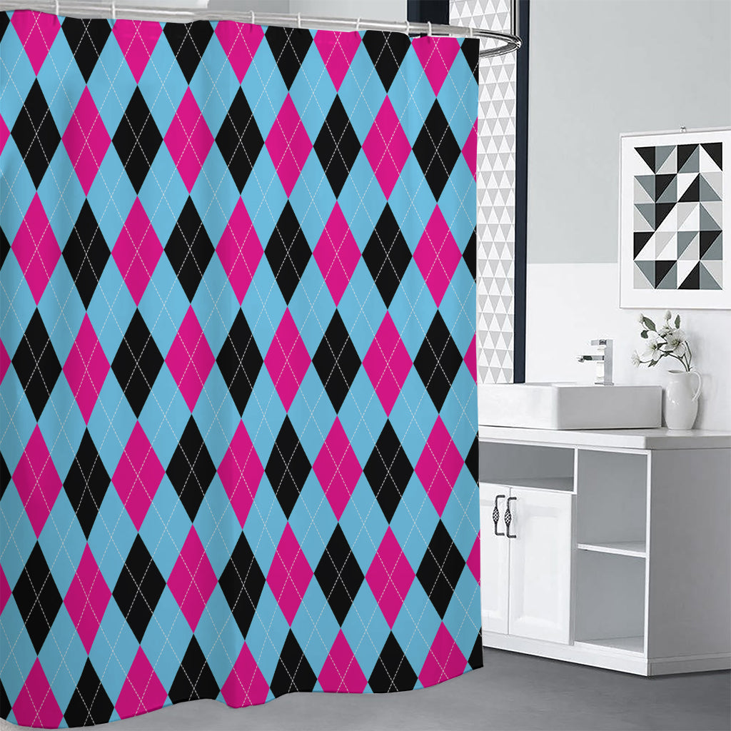 Blue Pink And Black Argyle Pattern Print Premium Shower Curtain