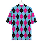Blue Pink And Black Argyle Pattern Print Rayon Hawaiian Shirt