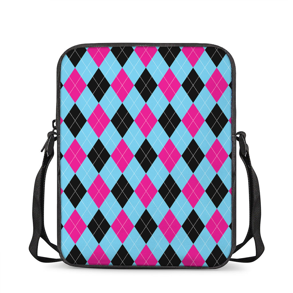 Blue Pink And Black Argyle Pattern Print Rectangular Crossbody Bag