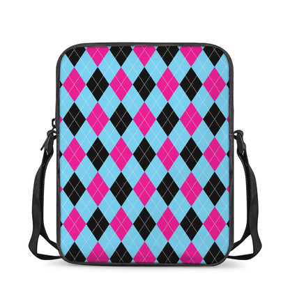 Blue Pink And Black Argyle Pattern Print Rectangular Crossbody Bag
