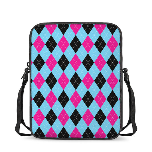 Blue Pink And Black Argyle Pattern Print Rectangular Crossbody Bag