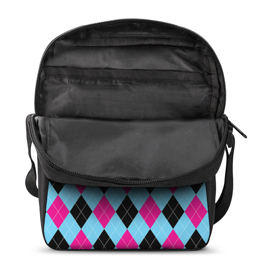 Blue Pink And Black Argyle Pattern Print Rectangular Crossbody Bag
