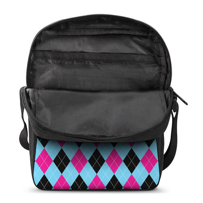 Blue Pink And Black Argyle Pattern Print Rectangular Crossbody Bag